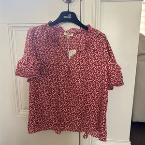 Max Studio Red and White Floral Ruffle-Sleeve Blouse